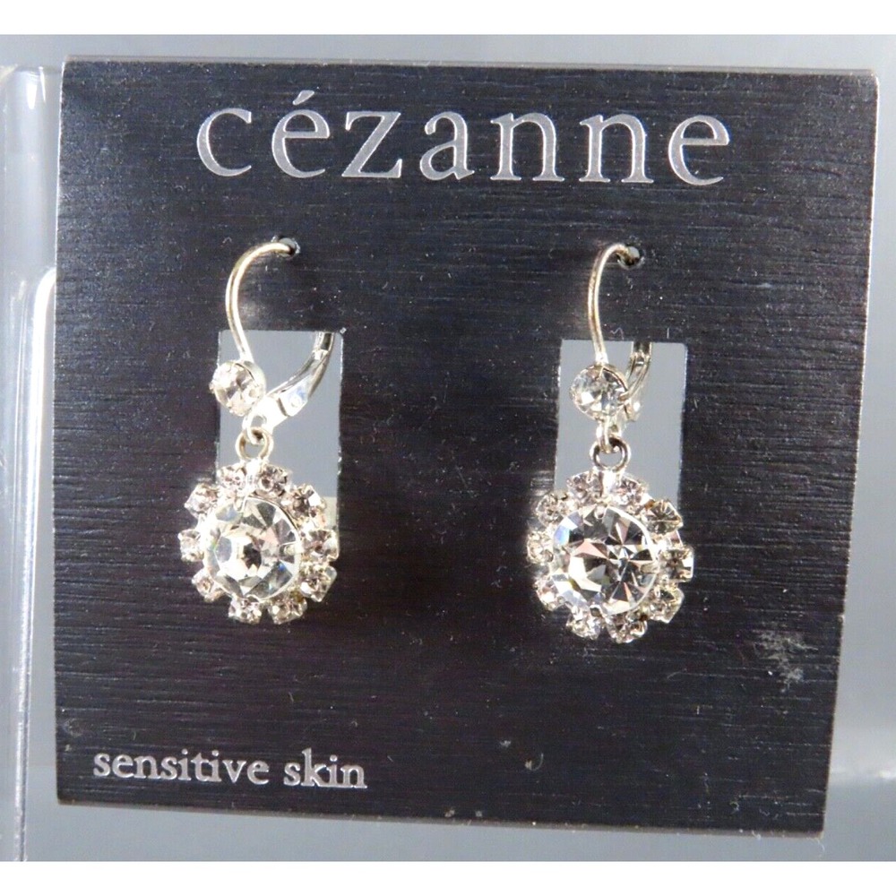 Vintage CEZANNE DANGLE EARRINGS Silver Tone CLEAR RHINESTONE CLUSTER DROPS